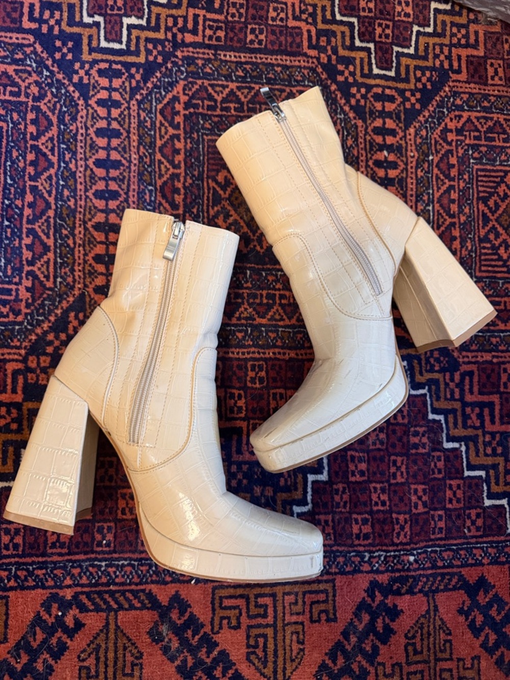 Princess Polly Cream Croc-Embossed Platform Ankle Boots